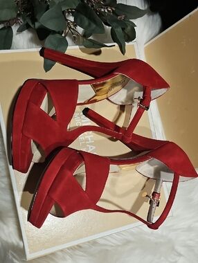 Michael Kors Red Suede T-Strap Block Heels